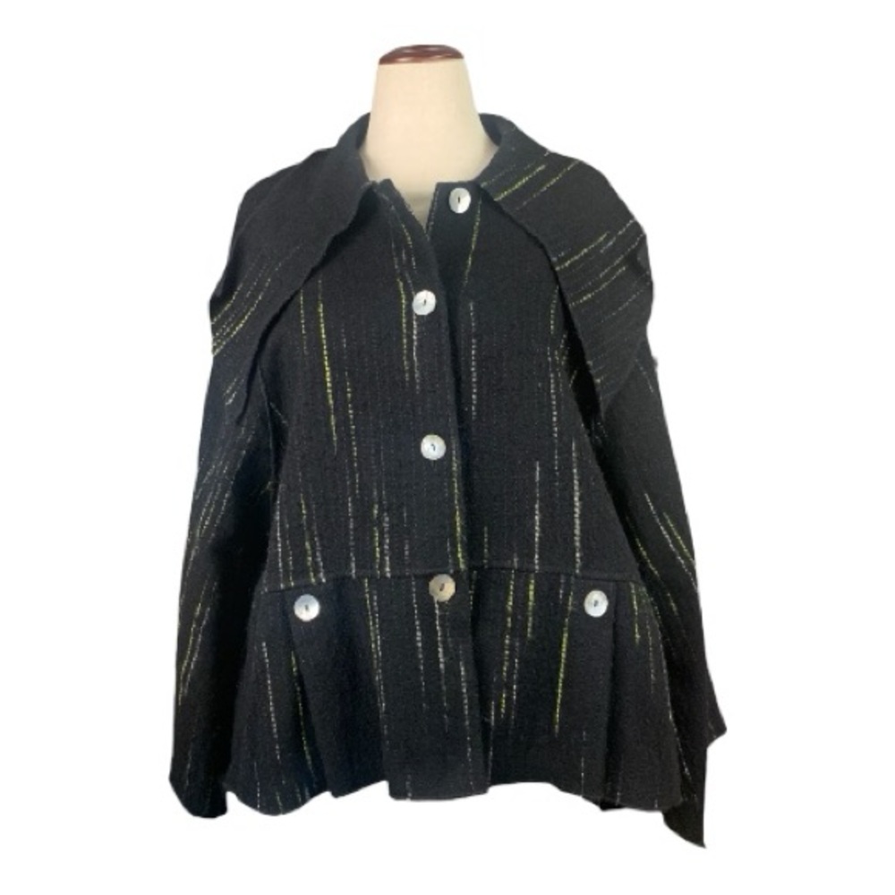 Stylish Hey Dari Black Textured Stripe Button Down Wool Designer Jacket Large